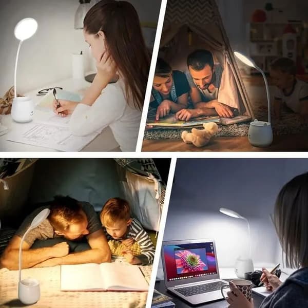 Bordlampe med pennholder og ladefunksjon, med tre lysmoduser. (DB)