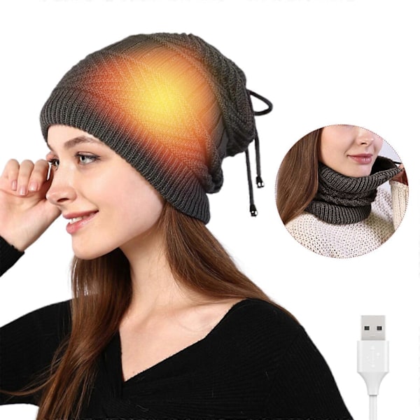 USB Opvarmet Hue Udendørs Vinter Beanie Halstørklæde Unisex | Grå 20x20cm, USB Opladning, Kuldebeskyttelse Db gray