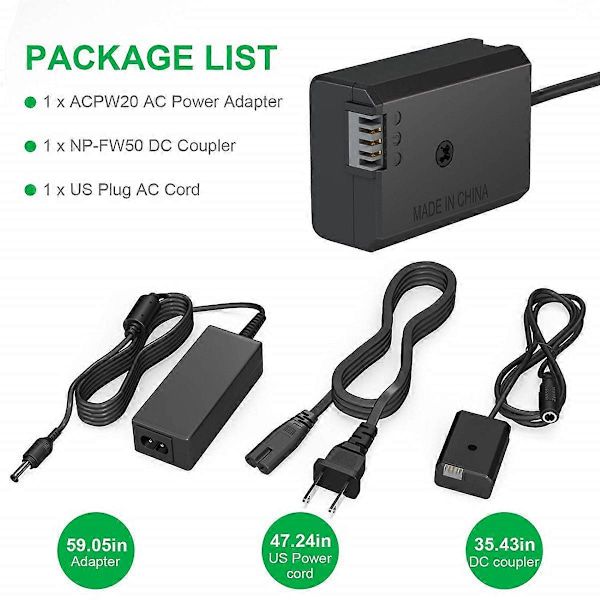 AC-PW20 NP-FW50 Dummy Batteri AC Strømforsyningsadapter DC Koblingssæt Alpha A5100 A6500 A6400 A6000 [db] black