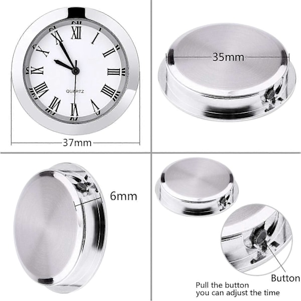 1-1/2 tum (37 mm) Rund Quartz Klockinsats med Romerska Siffror Passar 35 mm Diameter Hål (Silverram) [DB]