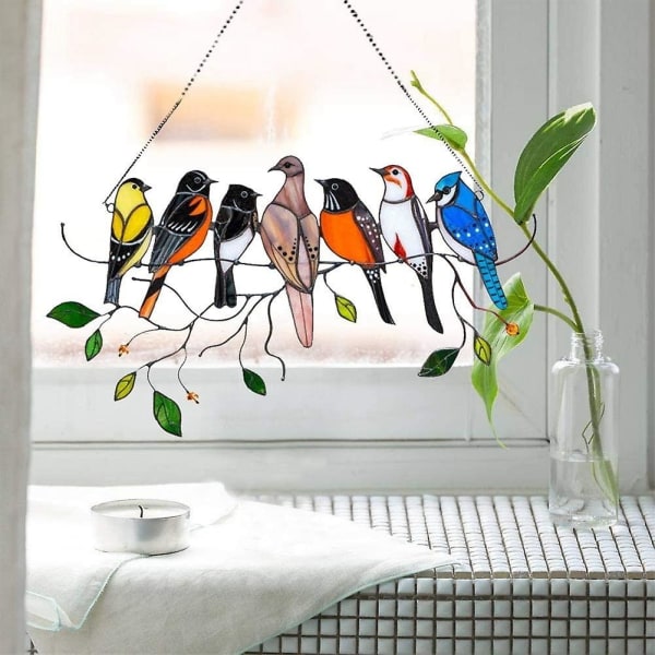 Flerfargede fugler på 1 tråd Høybeiset akryl Suncatcher-vinduspanel, fugleseriens ornamenter hengende