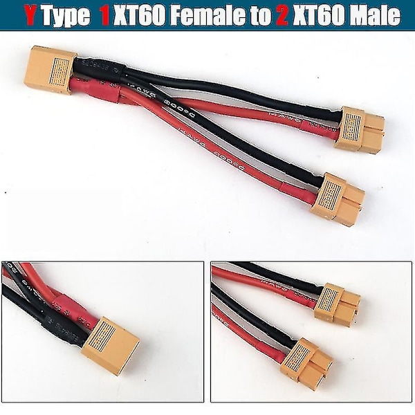 Xt60 Parallel Batterikonnektor Han/Hun Kabel Dobbelt Forlængelse Y Split/3 Vejs 14Awg Silikontråd F {Db} xT60 1 F to 2 M