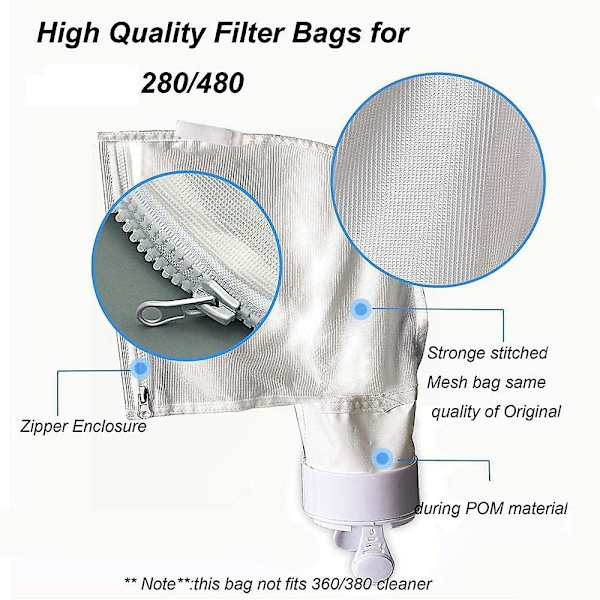 Pakke med 3 erstatningsposer med glidelås, kompatibel med Polaris 280 480 Nylo Mesh Bags [DB]