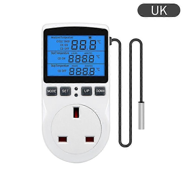 Digital Termostat, 230V Temperaturregulator Stikkontakt, 13A Timer Switch Stik med Sensor til Reptil Drivhus Hjemmefermentering db UK