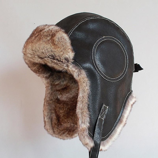 Vinter Ushanka Hatt Män Kvinnor Pilot Flygare Bomber Trapper Hatt Konstgjord Päls Läder Snöhatt Med Öronklaffar {DB} L 58-60 cm Brown