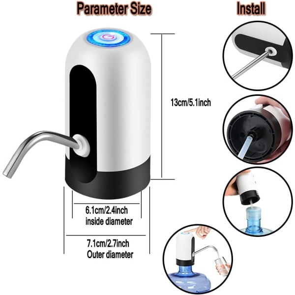 Päivitysvesipullopumppu, 5 gallonan USB -ladattava automaattinen juoma, universal 2-5 kannettava sähköannostelija kotitoimistoon