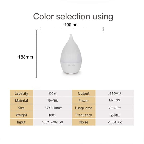 Eterisk oljediffusor, aromaterapidiffusor och luftfuktare, 130 ml, inkluderar USB-kabel, vattendroppsform[DB]