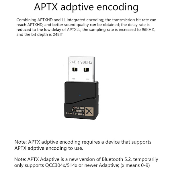 APTX Adaptive, USB Bluetooth 5.2 Audio Transmitter, Drivrutinfri C [DB]