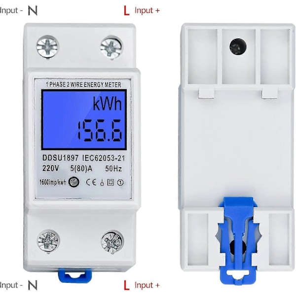 LCD Digitaalinen Sähkömittari AC-mittari Hattukisko KWh-mittari 5(80) A Sähkömittari Hattukisko 1-vaiheinen 2-napainen 2p DIN-kisko Sähkömittari db