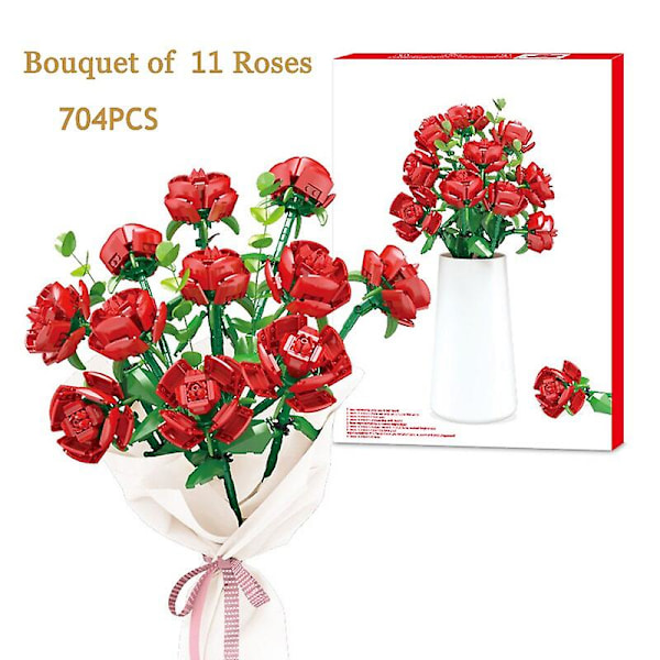Alla hjärtans dag bukett byggstenar heminredning bonsai växt romantisk ros blomma modell diy monterad tegel flicka present [DB] 704pcs no box