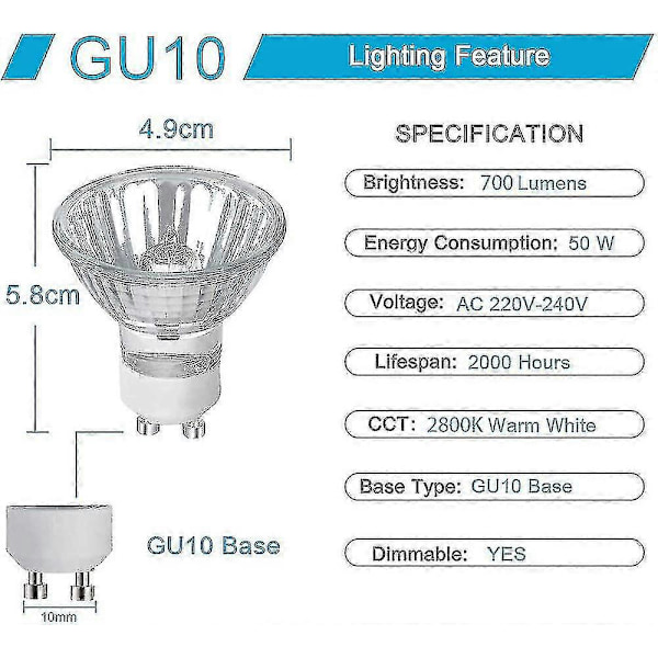 Gu10 Halogeenilamput, 6 kpl pakkaus 50W Gu10 halogeenispotit, AC 220v-240v, 700 lumenia, 40 asteen valokeila, 2800k lämmin valkoinen, himmennettävä [Db]