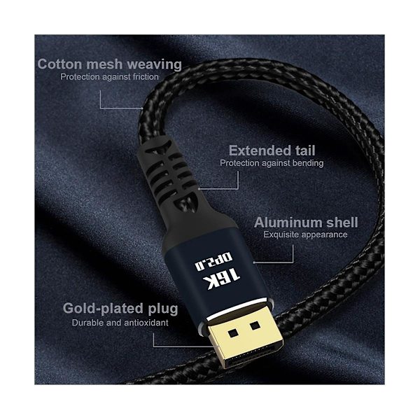 Displayport2.0 Hd-videokaapeli 16k@60hz 80gbps tietokonegrafiikan näyttökortin kaapeli PC-kannettavan näytölle 3 metriä