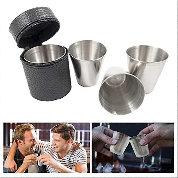 4-pack rostfritt stål dricksglasset Schnapps-glas Oslåeligt Bärbar Mini-shotglas för Camping Resor Utomhus med Läderfodral db
