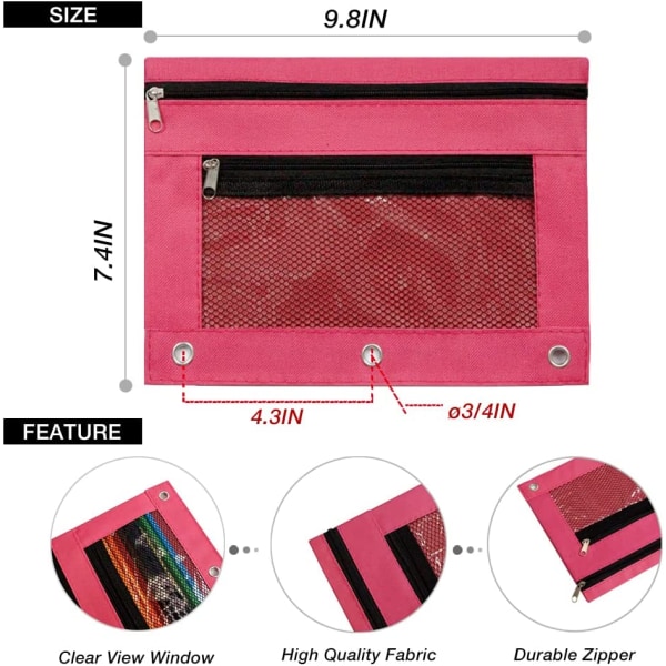 Binder Pocket 3 rengaskynätaskua, 12 pakkaus 12 väriä vetoketjullinen case kahdella taskulla