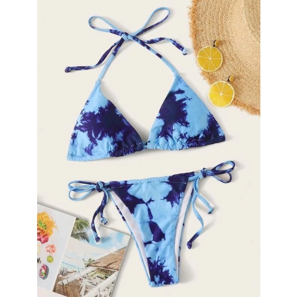 Blomstertrykk for kvinner Halter Triangle Tie Side Bikini Set To-Delig Badedrakt (Tie Dye Print Blue)