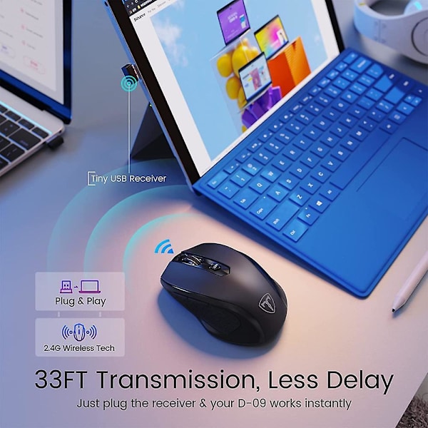 HOTWEEMS D-09 Trådlös Mus för Laptop - Ergonomisk Plus Dator USB Trådlös Mus, Ergo Grepp, Lightspeed 5-nivåer 2400 DPI, 16 Månader Batteri