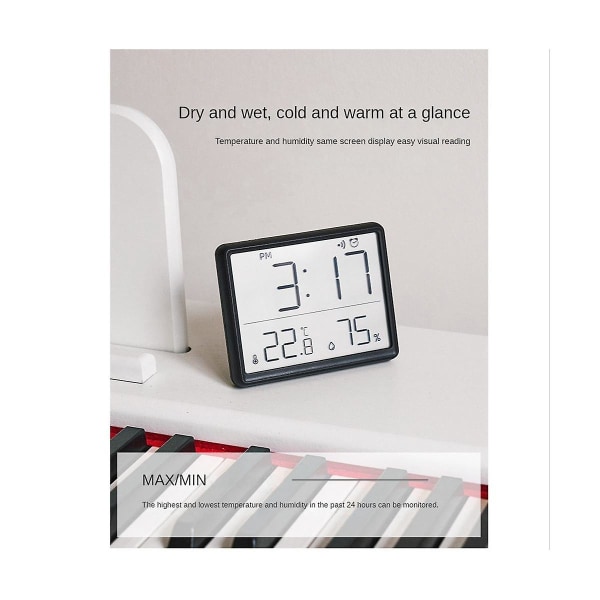 Digitalt Hygrometer Termometer Med Klokke Fuktighetsmonitor Timer Alarm Kontor Babyrom Hvit