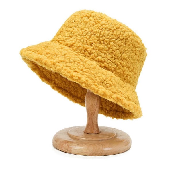 Dam Bucket Hat i Teddybjörn-Plush, Fluffig, Vintervarm, Konstgjord Päls, Fiskehatt [DB] Yellow