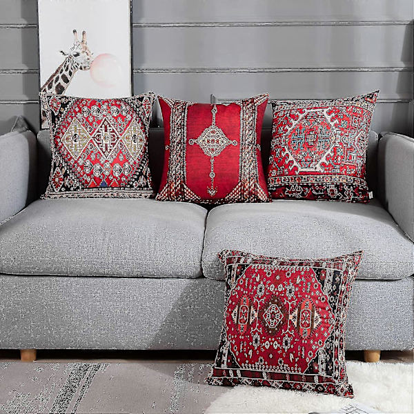 4-delars Set Vintage Röd Blommig Turkisk Persisk Matta Linne Kuddfodral Hemkudde Kudde Kuddfodral Geometrisk Heminredning 4 St {DB}