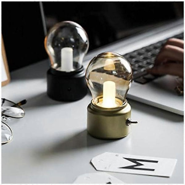 (Gullfarget) Retro lyspære nattbordslampe, kreativ USB oppladbar nattlampe, gammeldags LED bordlampe, liten soverom skrivebord dekorativ lyspære ta [db]
