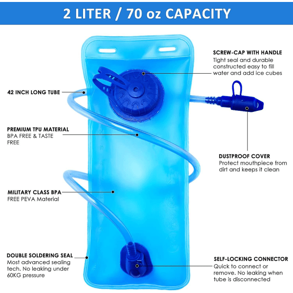 Hydreringssekk med 2L vannbla, lett ryggsekk for klatring, fotturer og sykling
