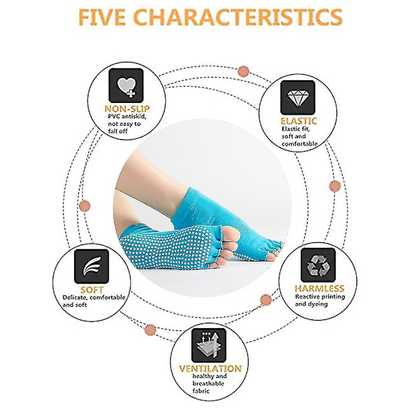 Sokker til kvinder og mænd med fuld tå, skridsikker greb, tilbehør til yoga, barre, pilates, dans, ballet [db] Blue half finger