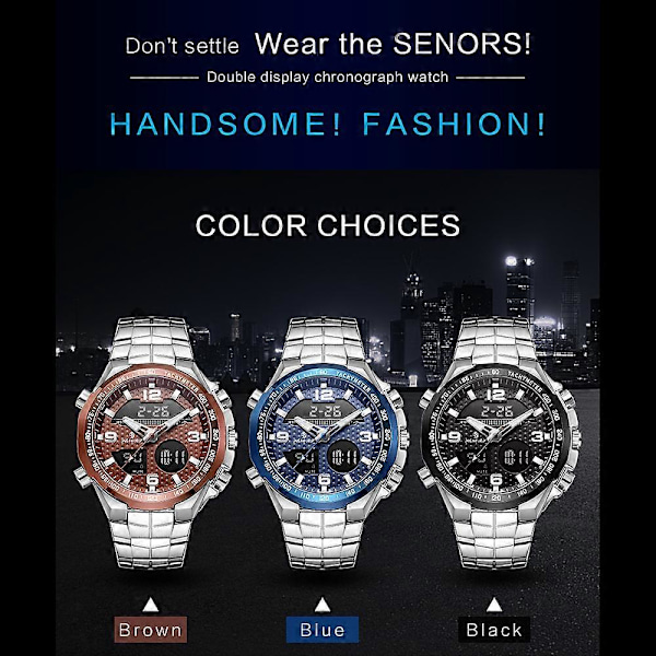 Herre Analog Digital Ur Herre Business Ur 3ATM Vandtæt Armbåndsure med Rustfrit Stål Rem Multifunktionelt Selvlysende Sportsur Chron [DB] Black