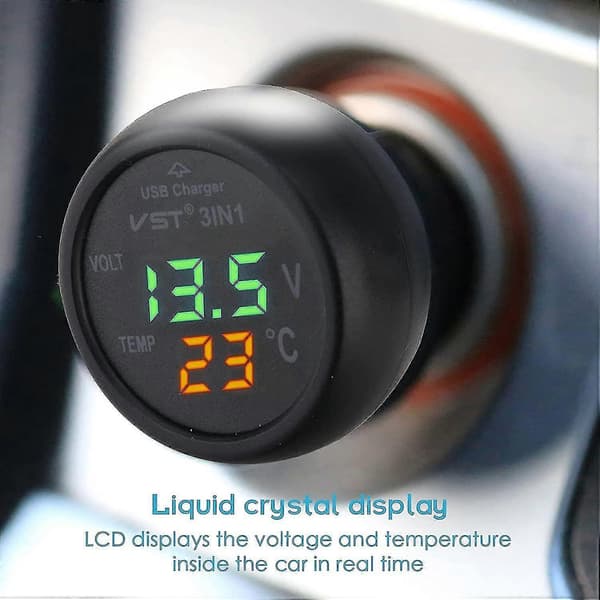 Bil Voltmeter, 3 i 1 12-24v Bil USB Oplader Voltmeter Med LCD Digital Display Panel Temperatur Tester Spændingsmåler Til Biler Og Tr db