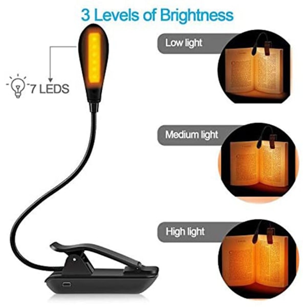 Oppladbar Amber Boklys - Leselys for bøker i sengen med 7 LED og 3 lysstyrker, Blått lys blokkerende LED-lys DB black