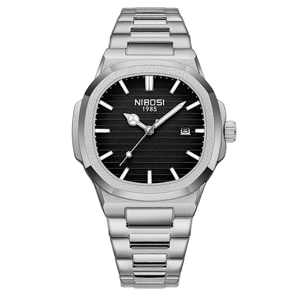 NIBOSI 2632 Stilig Herre Armbåndsur Stållenke Lysende Kalender Quartz Klokke [DB] Multicolor Silver Strap/Black Dial