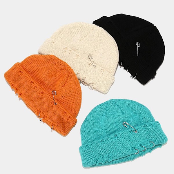 Vinterstrikket Beanie-lue med Pins O-ring Distressed Hull Mansjett Melon Skull Cap [DB] Dark gray