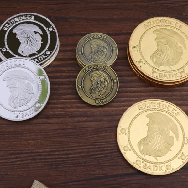 Hogwarts-mynter filmrekvisita Gringotts trollmannsbank gullmynter med pengepose Db Brown S