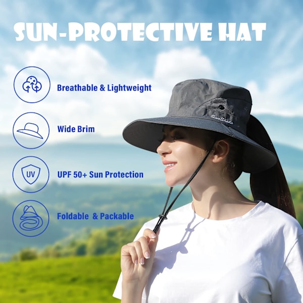 Dame Solhat - UV-beskyttelse UPF 50+ Solhatte til kvinder med hestehalehul