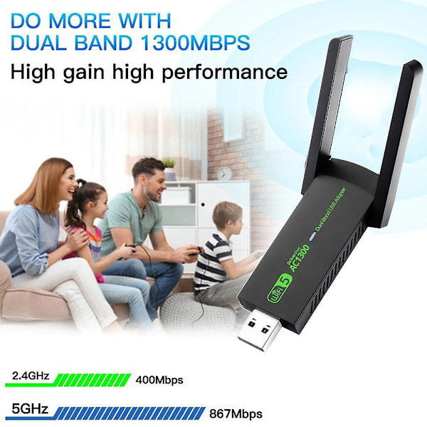 Ilmainen ajuri 1300Mbps USB 3.0 Wifi-sovitin WiFi 5 AC1300 Wi-Fi Dongle -vastaanotin 2.4G 5G Dual Band langaton verkkokortti RTL8812 antennilla PC:lle [DB]
