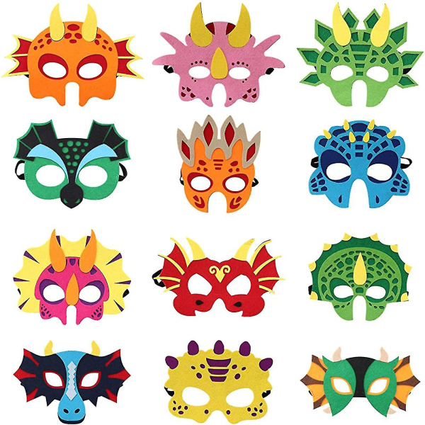 12stk Dinosaur Mask Ansiktsmasker Filt Barnemote Leke Husleker Kreativt festspillrekvisitter Ny gutter Jenter db
