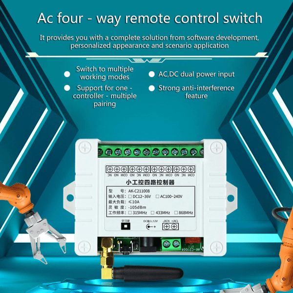 Trådlös RF-fjärrkontroll Ac110v 220v 4-kanals universell 433mhz fjärrkontroll för garageportrelä mottagare och sändare