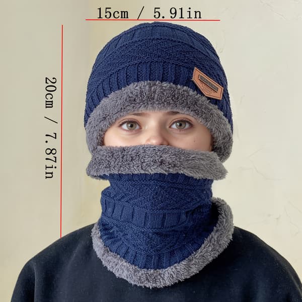 Mysig vintermössa och halsduksset för barn - Tjock, varm bomull med fleecefoder, vindtät, stretchig geometrisk design i rött fo [DB] Black