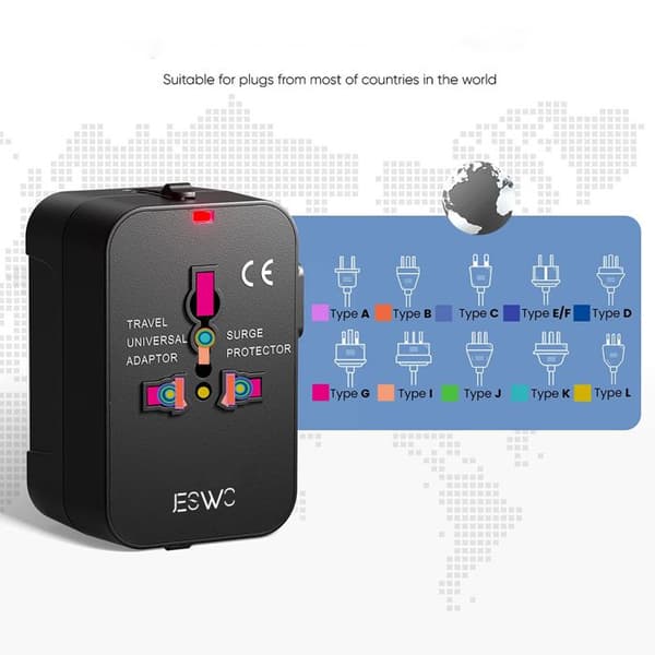 Reseadapter - JESWO - Universal - 2 USB-portar - Brandsäker - 200 länder