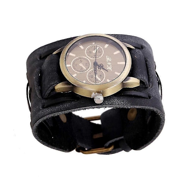Herr Retro Armbandsur Bred Läderrem Manschett Vintage Quartz Armbandsur [Db] Black