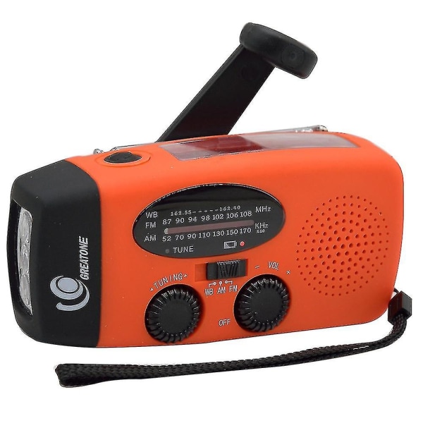 Solardriven vevradio med handvev, solcellsradio, bärbar nödväderradio DB Orange