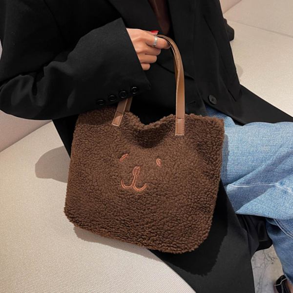 Kvinnors björn handväska mjuk lätt plysch clutch väska stor kapacitet tote väska [DB] Coffee