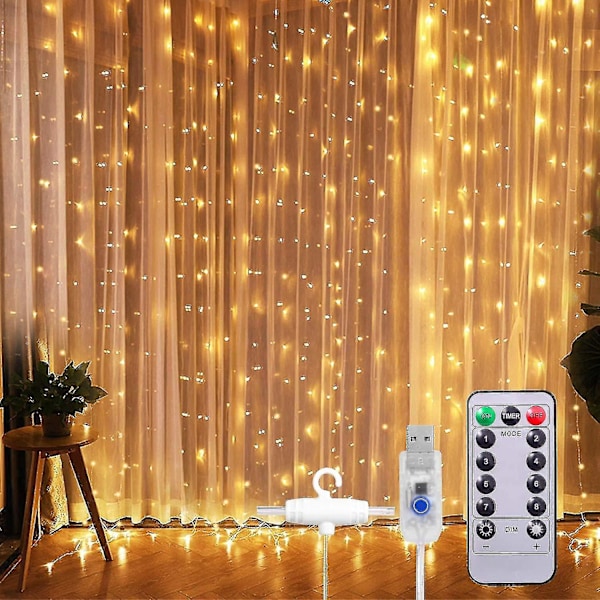 Fönstergardin Ljuskedja 100 Led 8 Belysningslägen Ljus Fjärrkontroll USB-driven Vattentät (varmvit)3*1m DB 3*1M