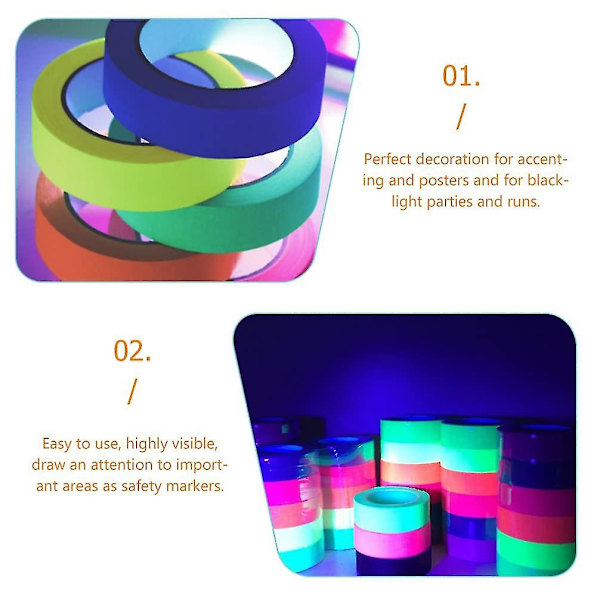 6 Ruller Fluorescerende Tape UV Bomuldsbånd Sortlys Reaktiv Tape Selvklæbende Neon Tape Til Show Performance (assorteret Farve) [DB]