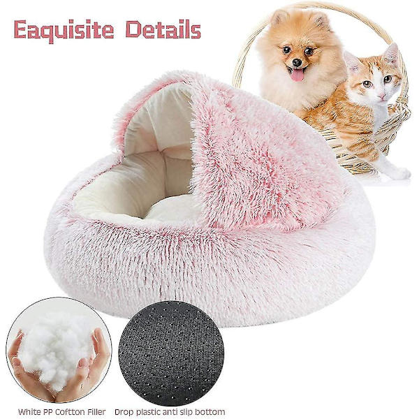 Fluffy katteseng, rund, blød plys, hule med hætte, katteseng