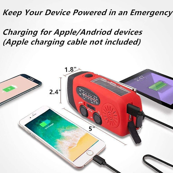 Veva Radio, Solenergi Nöd-FM AM NOAA Bärbar Radio med SOS-Alarm, LED-ficklampa, 2000mAh Powerbank USB-C Mobiltelefonladdare db Red