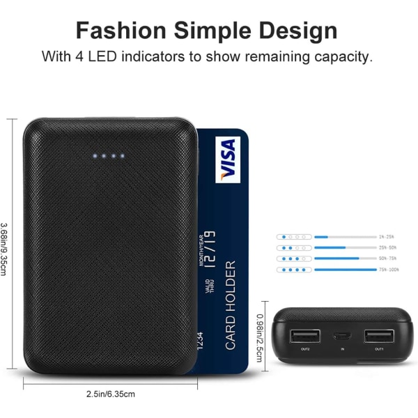 Power Bank 10000mAh, bærbar oplader mini med 2 USB-porte, kompatibel med iPhone, Samsung osv.