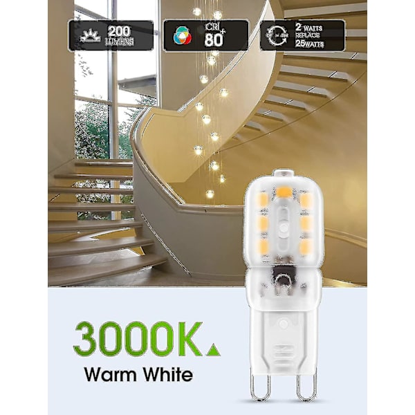 10 stk. 2w G9 Varm Hvid 3000k, LED Pære, 25w Equivalent Halogen Pære, 230v Ac 180lm, 360 Bred Stråle, G9 Sockel [Energiklasse A+] [DB]