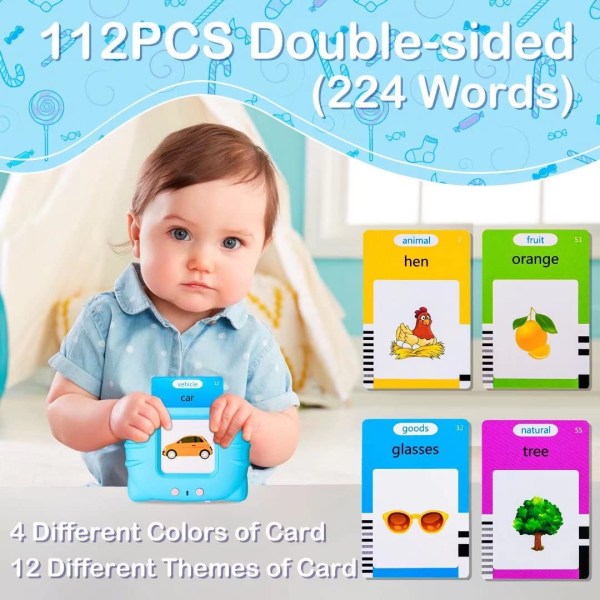Talking Flash Cards Tidligt pædagogisk legetøj, med 224 ord, blå