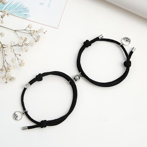 2 st magnetiska armband justerbar pargåva legering par rep flätad armband för par Black