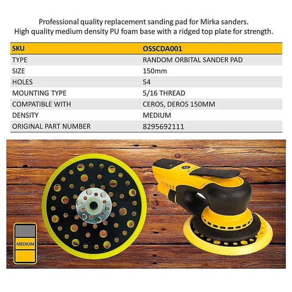 150mm 5/16 gevind 52 hul medium densitet tilfældig orbital slibemaskine krog & sløjfe bagplade kompatibel W  [XC] Yellow